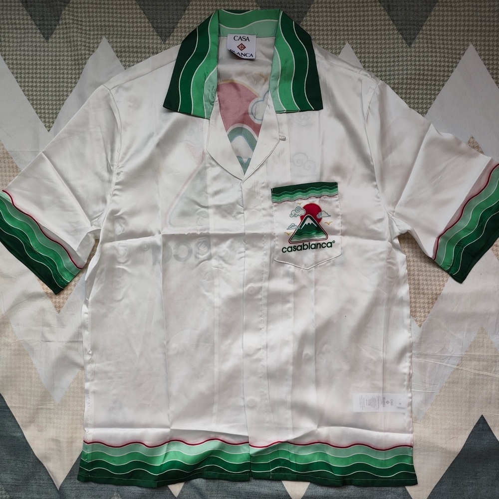 Casablanca Men's White Short-Sleeve Button-Down Shirt with Green Wave Trim